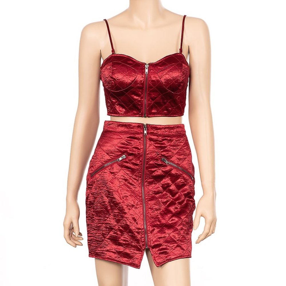 Burgundy Quilted Crop Top and Mini Skirt
